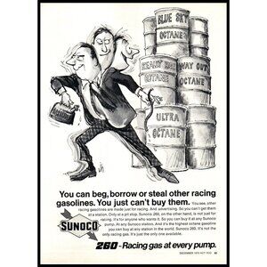 1970 Sunoco 260 Racing Gas Vintage Print Ad Oil Barrels Cartoon Thief Wall Art